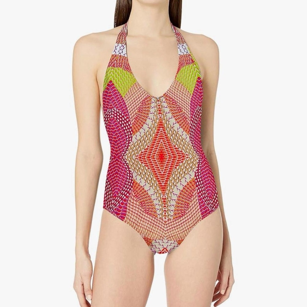 NWT Echo New York Havana Pink/Orange Geo Print Halter One Piece Swimsuit, Size 6